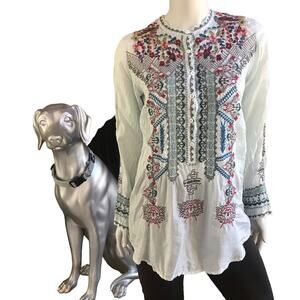 Johnny Was Biya Silk Floral Embroidered Popover Long Sleeve Top Women's Size XS